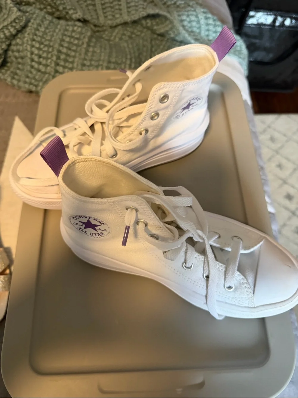 Converse Kids White High-Top Sneakers with Purple Pull Tabs